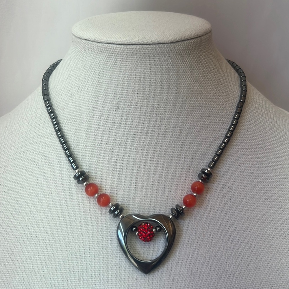 Hematite necklace open heart with red, orange & hematite beads 18”